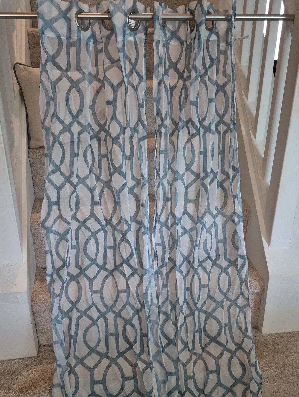 Two Teal Blue Geometric Sheer Window Curtain Panels 27.5